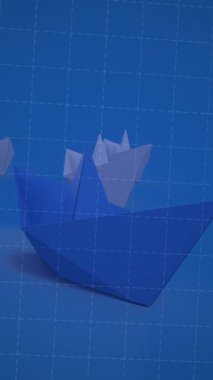 Kağıt teknelerin üzerinde veri işleme animasyonu. Küresel iş, finans ve dijital arayüz kavramı dijital olarak oluşturulmuş video.