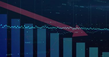 Kırmızı ok, sol üstte görünüyor ve çizgi üzerinde çapraz kayıyor. Cyan noktalar kayıyor ve düşüş gösteriyor. Analizler, veriler, görselleştirme, dijital, bilgi, teknoloji, yenilik