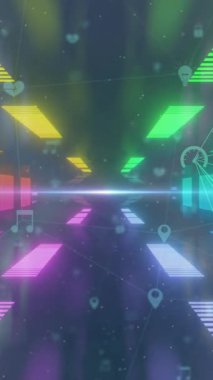 Neon tünel arka planındaki bağlantı ağının animasyonu. Video oyunu ve eğlence konsepti dijital olarak oluşturuldu.