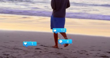 Çıplak ayaklı kumlu bir sahil, öne çıkan bir kadın, pazarlama ikonlarının bacaklarının etrafında gelişmesine neden oluyor. Plaj, gün batımı, dinginlik, dijital, bağlılık, sükunet, açık hava