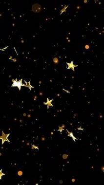 Siyah arka planda parıldayan altın yıldızlar ve parıltılar. Parıltı, sihir, şenlik, kutlama, yıldızlı, aydınlık