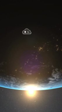 Okları olan dijital bulutların animasyonu ve arka planda dünya üzerinde büyüyen yüzde birlik kısım. küresel ağ oluşturma, veri işleme ve dijital arayüz kavramı dijital olarak oluşturulmuş video.