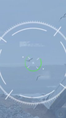 Animation of graphical circle rotating with data over garbage on landfill against clear sky. Digital composite, multiple exposure, infographic, recycling, pollution, waste management, conservation.