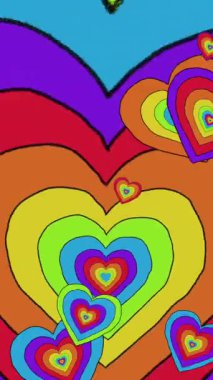 Gökkuşağı arka planında gökkuşağı kalplerinin animasyonu. Gurur ayı, lgbtq, insan hakları ve eşitlik kavramı dijital olarak oluşturulmuş video.
