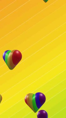 Animation of rainbow hearts spinning on gradient striped background. Pride, lgbt and equality concept digitally generated video.