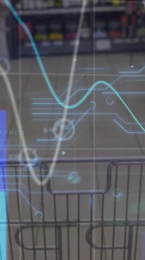 Alışveriş arabasında finansal veri işleme animasyonu. Küresel iş, finans, hesaplama ve veri işleme kavramı dijital olarak oluşturulmuş video.
