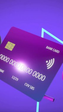 Mor arkaplanlı kredi kartı animasyonu. Küresel çevrimiçi bankacılık, alışveriş, iş, bağlantılar, bilgisayar ve veri işleme kavramı dijital olarak oluşturulmuş video.