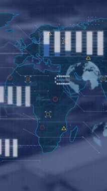 Bulanık arkaplanda veri işleme animasyonu. küresel iş ve dijital arayüz kavramı dijital olarak oluşturulmuş video.