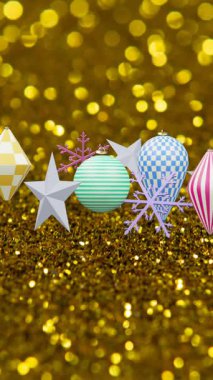 Parti flamaları ve Noel süslemeleri animasyonu. Yeni yıl, Noel, şenlik, kutlama ve gelenek konsepti dijital olarak oluşturuldu.