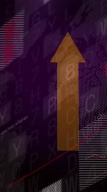 Siyah arkaplan üzerinde ok ve finansal veri işleme animasyonları. küresel iş, finans ve dijital arayüz kavramı dijital olarak oluşturulmuş video.