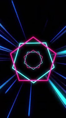 Siyah arkaplandaki çizgi altıgenlerin üzerinden sarkan mavi ve pembe neon ışıkların animasyonu. Bağlantı, veri, işleme, dijital arayüz ve iletişim, dijital olarak oluşturulmuş video.
