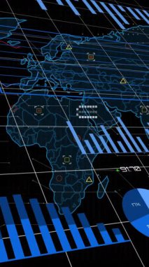 Siyah arkaplana karşı ızgara ağı üzerinden istatistiksel veri işleme animasyonu. Küresel ağ ve iş teknolojisi kavramı