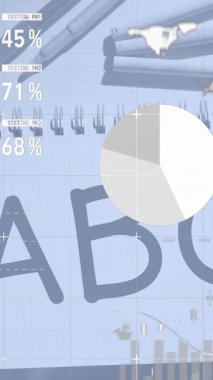 Animation of data processing over letters and school items. Global education and digital interface concept digitally generated video.