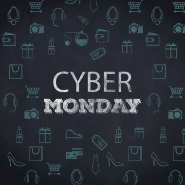 Close-up of Cyber Monday sale sign with various icon