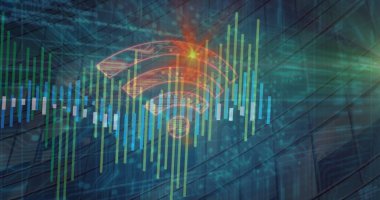 Parlak turuncu kablosuz sinyal simgesi çubuklar, uğursuzluk desenleri ve lens parlamalarında gösteriliyor. Teknoloji, yenilik, bağlantı, dijital, siber alan, ağ, fütüristik