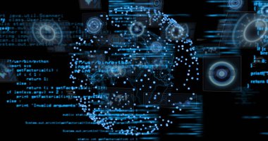 Dijital küre, Java ve Python kodları ve HUD kaplamaları ile sanal arayüzde oluşturuluyor. Gelecek, teknoloji, görselleştirme, dijital, holografik, arayüz, veri