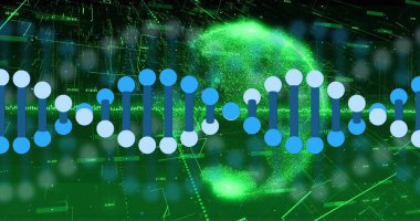 Veri arayüzü üzerinde süzülen DNA sarmalını parçacık küresi, örtüler ve ızgara çizgileriyle gösteriyor. Gelecekçi, teknoloji, bilim, yenilik, dijital, siber, görselleştirme