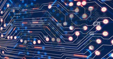 Ağ örtüsü ekranda gösteriliyor, parlayan düğümler, harita anahatları, simgeler, ışık çizgileri gösteriliyor. Teknoloji, bağlantı, veri, dijital, altyapı, fütüristik, soyut