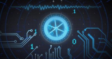 Veri ekranında titreşen segmentli gösterge halkası, ikili basamaklı ECG dalga biçimi ve izleri gösteriliyor. Gelecek, dijital, teknoloji, arayüz, devre, yenilik, analitik