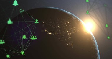 Dünya gezegeni, uzayda dijital ağ simgeleriyle gece ışıklarını ve güneşin doğuşunu gösteriyor. Küresel, bağlantı, dijital, geleceksel, astronomik, teknoloji, ağ