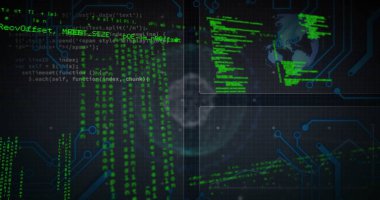 Sanal arayüzde, kod panelleri, devre hatları ve dijital küreyle yeşil kod sütunu akışı. Siber güvenlik, teknoloji, dijital, gelecek, veri, ağ, yenilik