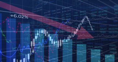 Gösterge paneli şamdan ve bar çizelgelerini gösteriyor, ekranda kırmızı oklu çizgi grafikleri, yüzde işaretleyiciler. Finans, analitik, yatırım, ticaret, pazar, veri, teknoloji