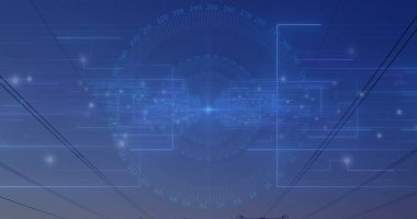 Alacakaranlıkta elektrik hatlarının üzerinde yüzen fütüristik HUD arayüzü, parlayan düğümler, kuleler gösteriliyor. Fütürist, teknoloji, dijital, arayüz, siber, bilim kurgu, yenilik