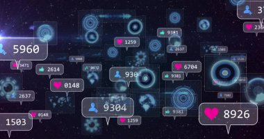 Yüzen sosyal medya bildirimleri ve kalp sayaçları UI 'ı dünya haritası parçalarıyla dolduruyor. Fütürist, teknoloji, dijital, arayüz, soyut, canlı, veri