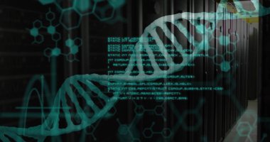 Veri merkezi koridorunda yüzen deniz mavisi DNA sarmalı, siyah raflar, moleküler ikonlar ve kod çizgileri var. Siber güvenlik, teknolojik, geleceksel, yenilik, dijital, biyoteknoloji, veri
