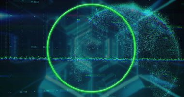 Koyu renk şebeke zeminini kaplayan parlak neon yeşil dairesel çerçeve çok renkli dalga formuyla gösteriliyor. Gelecek, teknoloji, dijital, soyut, enerjik, görselleştirme, siber