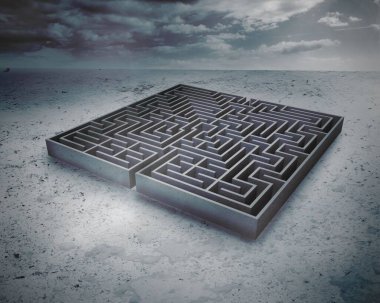 Bulutlu gökyüzünün altında dijital olarak oluşturulmuş büyük bir labirent