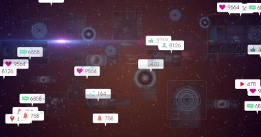 Displaying social media notifications floating in cosmic interface, with heart comment bell icons. Futuristic, digital, interface, data, visualization, cosmic, abstract