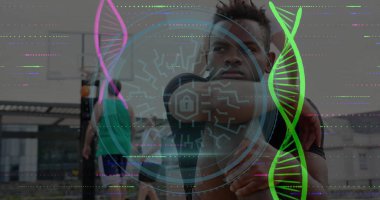 Stretching man raising arms behind head, wearing earphones on rooftop court, with biotech graphics. Athletics, fitness, urban sports, technology, data security, innovation, outdoor recreation