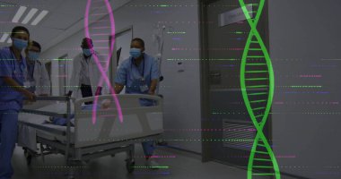 Pushing medical team guiding patient on gurney through hospital hallway, with DNA glitch overlays. Healthcare, teamwork, professionalism, clinical, emergency, futuristic, navigation