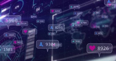 Displaying speech-bubble showing avatar count 9304 and heart 1259 on dashboard with world map. Futuristic, digital, data, interface, visualization, holographic, analytics