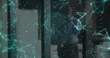 Businessman projecting digital network overlay with globe and nodes in office with glass partition. Technology, innovation, connectivity, digital, futuristic, corporate, networking
