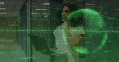 Analyzing woman in office attire interacting with holographic display in lab, with laptop and globe. Futuristic, innovation, technology, data, science, professional, sleek