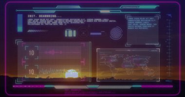 Scanning half-visible yellow sun on horizon at sunset with neon HUD crosshairs and progress bars. Futuristic, technology, interface, neon, analysis, digital, visualization