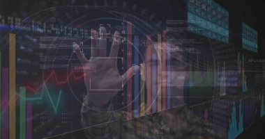 Scanning man in flannel shirt extending hand toward viewer in data lab, with holographic reticles. Futuristic, technology, data, interface, innovation, digital, visualization