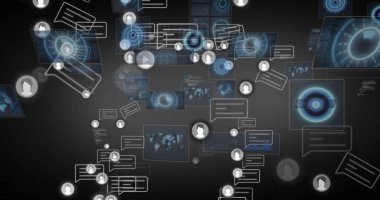 Sanal gösterge panelinde yüzen kullanıcı avatar simgeleri ve sohbet baloncukları gösteriliyor, dondurulmuş veri panelleri ile. Futuristik, teknoloji, dijital, veri, ağ, iletişim, soyut