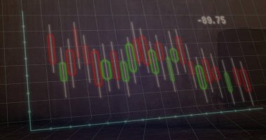 Çizelge 3 boyutlu uzayda gösteriliyor, yeşil ve kırmızı şamdanlar, vidalar, çoklu hat, ızgara, 89.75 etiket. Finansal, analitik, veri, dijital, teknoloji, yatırım, iş