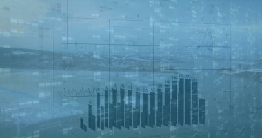 Kayalık kıyı üzerinde, ızgara çizgileri ve sayısal kod kalıplarıyla 3D bar çizelgesi yansıtılıyor. Veri analizi, görselleştirme, modern, teknoloji, manzara, soyut, yenilik