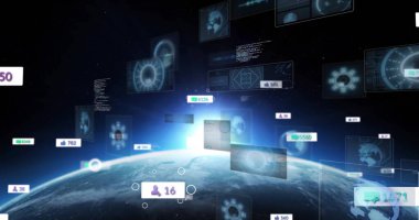 Yörüngede Dünya küresini gösteren, yüzen hologramlar, kullanıcı sayıları, kod pencereleri. Yörünge, dünya, holografi, veri görselleştirme, teknoloji, uzay, dijital arayüz