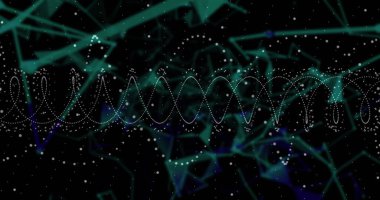 Sanal uzayda çokgen ağ ve parlak noktalarla yatay noktalı sinüs dalgası gösteriliyor. Dijital, teknoloji, fütüristik, soyut, veri, ağ, görselleştirme