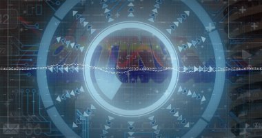 HUD içinde parlayan merkezi dairesel element, üçgen ok simgeleri ve dalga formu gösteriliyor. Teknoloji, yenilik, arayüz, fütürizm, dijital, analitik, veri görselleştirme