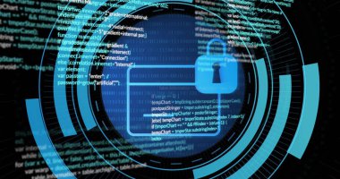 Dijital arayüzde HUD dairelerinde yüzen mavi asma kilit simgesi kod ve ikili haneli. Siber güvenlik, veri koruması, şifreleme, dijital arayüz, ağ güvenliği, gelecekçi, teknoloji