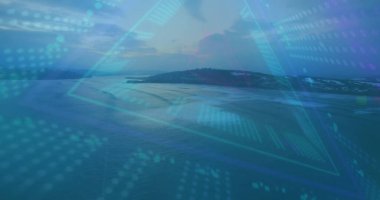 Alacakaranlıkta kıyı suyunun üzerinde noktalı veri şebekesiyle süzülen neon-mavi üçgen görüntüleniyor. Deniz manzarası, dijital alarm, fütüristik, soyut, okyanus, manzara, minimalizm