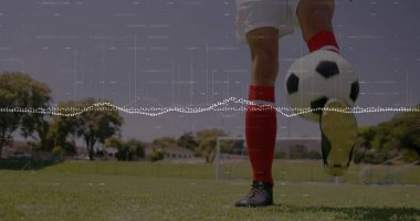 Futbol topunu tekmelemek, beyaz şort giyen oyuncuların bacakları ve kale direğiyle çimen sahada kırmızı çoraplar giymek. Atletizm, spor, yarışma, açık hava, aktif, fitness, eğlence