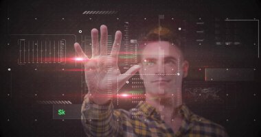 Man in yellow flannel shirt interacting with holographic interface with panels, red streaks in lab. Technology, innovation, data visualization, digital interface, futuristic, high-tech, coding