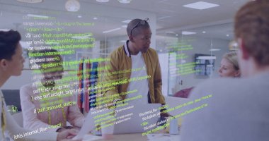 Presenting team lead explaining code in conference room, with floating overlay and laptops. Collaboration, innovation, technology, communication, workspace, professional, modern